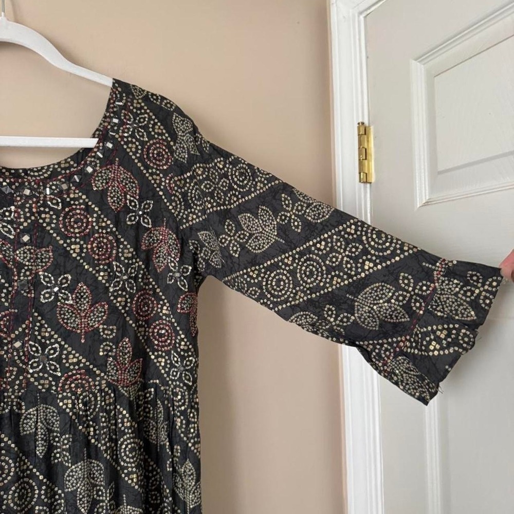 Indian cotton maxi dress XL gray red embroidery gold mirror boho pattern - Picture 5 of 8